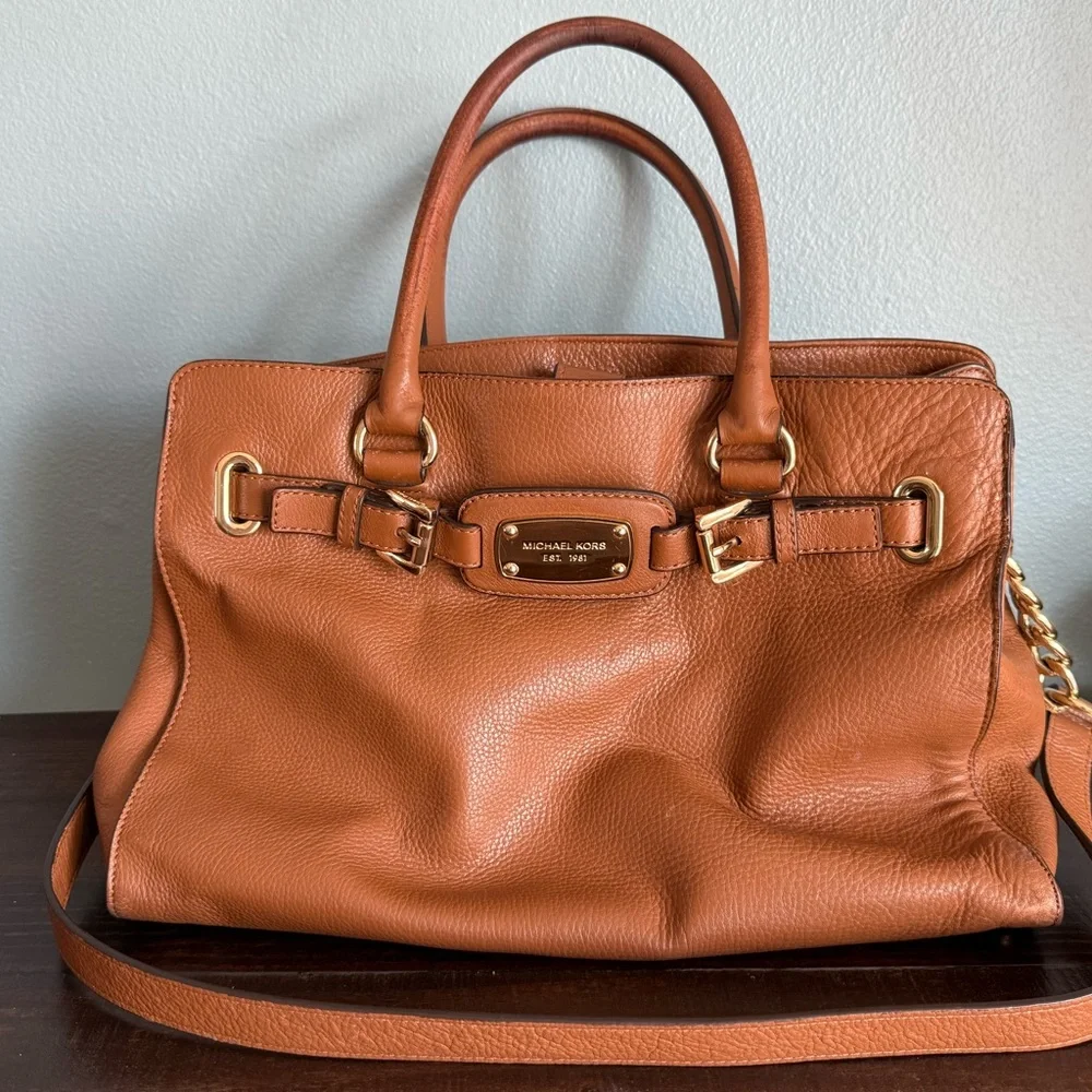 Michael Kors Over Sized Top Handled Brown Soft Leather Purse W/ Gold Chain Strap